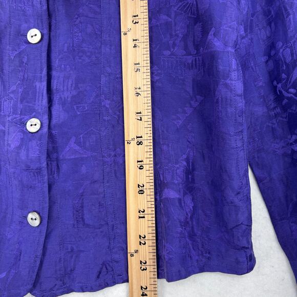 Chico's Blouse Top Womens Size M Purple Print Linen Silk Button Up Chest Pockets - Picture 8 of 9